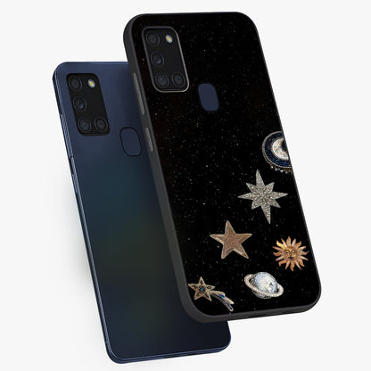 Galactic Charm Glow Glass Case displayed in angled mockup highlighting luminous galaxy inspired design with dreamy aesthetic.