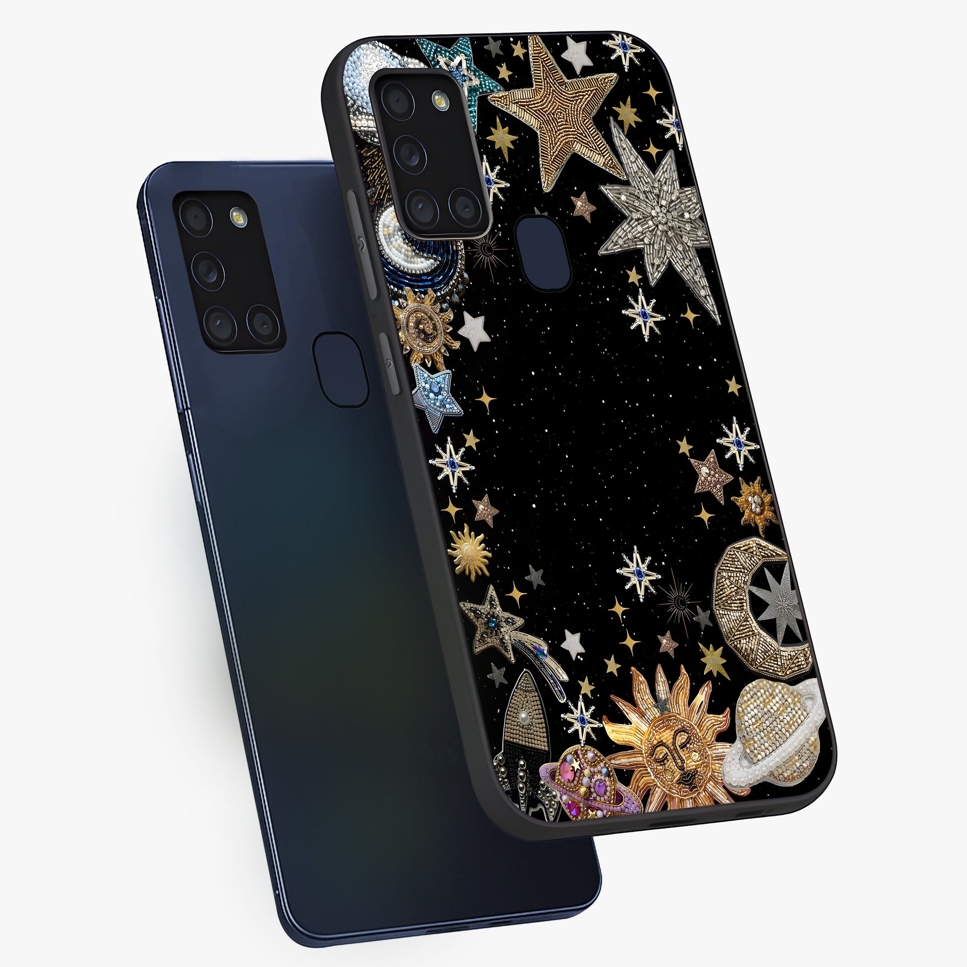 Galactic Jewel Stars Glass Case displayed in angled mockup highlighting shining celestial star design with cosmic aesthetic style.