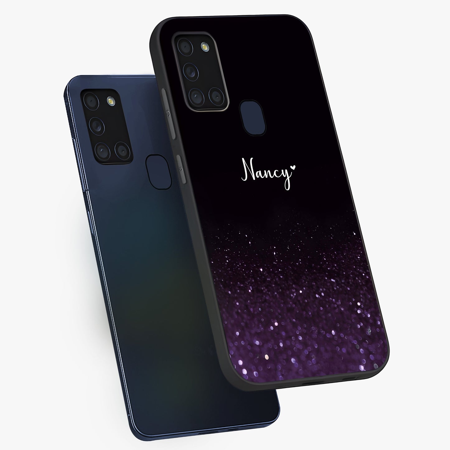 Glittery Purple Bokeh Custom Name Glass Case displayed in angled mockup highlighting glitter bokeh pattern with custom name feature.