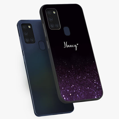 Glittery Purple Bokeh Custom Name Glass Case displayed in angled mockup highlighting glitter bokeh pattern with custom name feature.