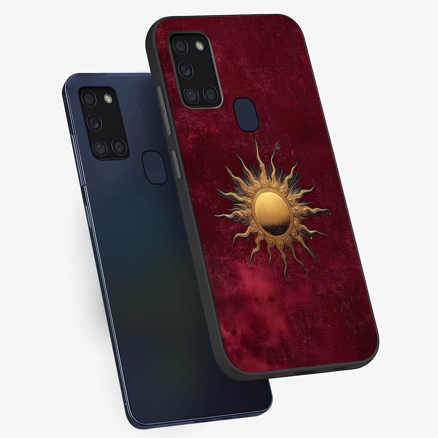 Golden Sun Minimalism Glass Case displayed in angled mockup highlighting clean sun symbol design with modern minimal aesthetic.