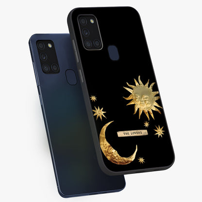 Gold Sun Blush Glass Case displayed in angled mockup highlighting radiant sun design with warm golden aesthetic.