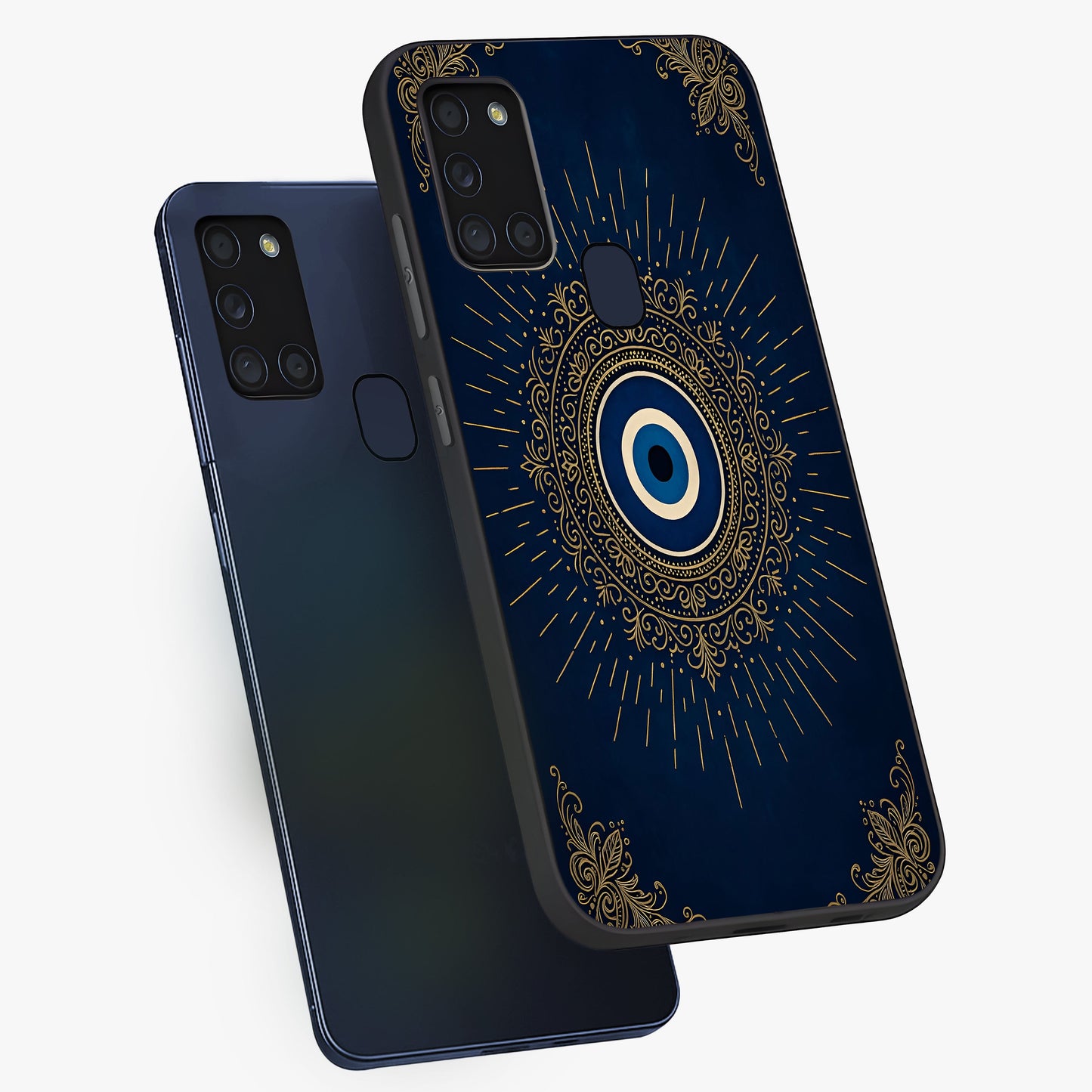 Golden Celestial Charm Glass Case displayed in angled mockup highlighting sparkling cosmic charm design with celestial aesthetic.