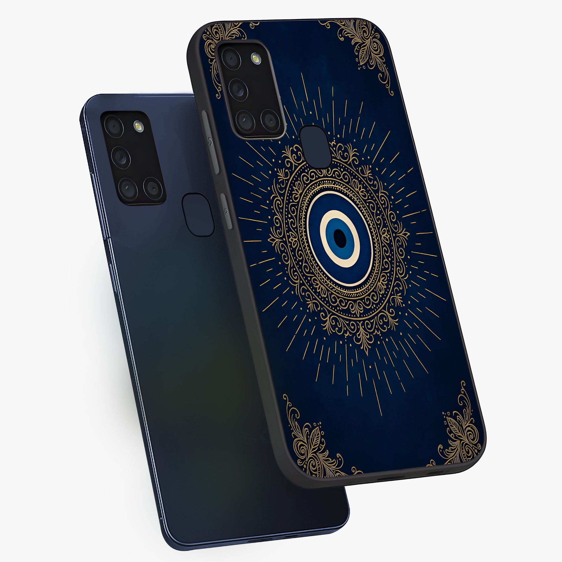 Golden Celestial Charm Glass Case displayed in angled mockup highlighting sparkling cosmic charm design with celestial aesthetic.