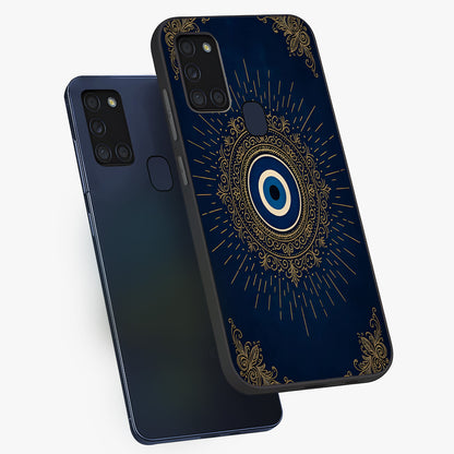 Golden Celestial Charm Glass Case displayed in angled mockup highlighting sparkling cosmic charm design with celestial aesthetic.