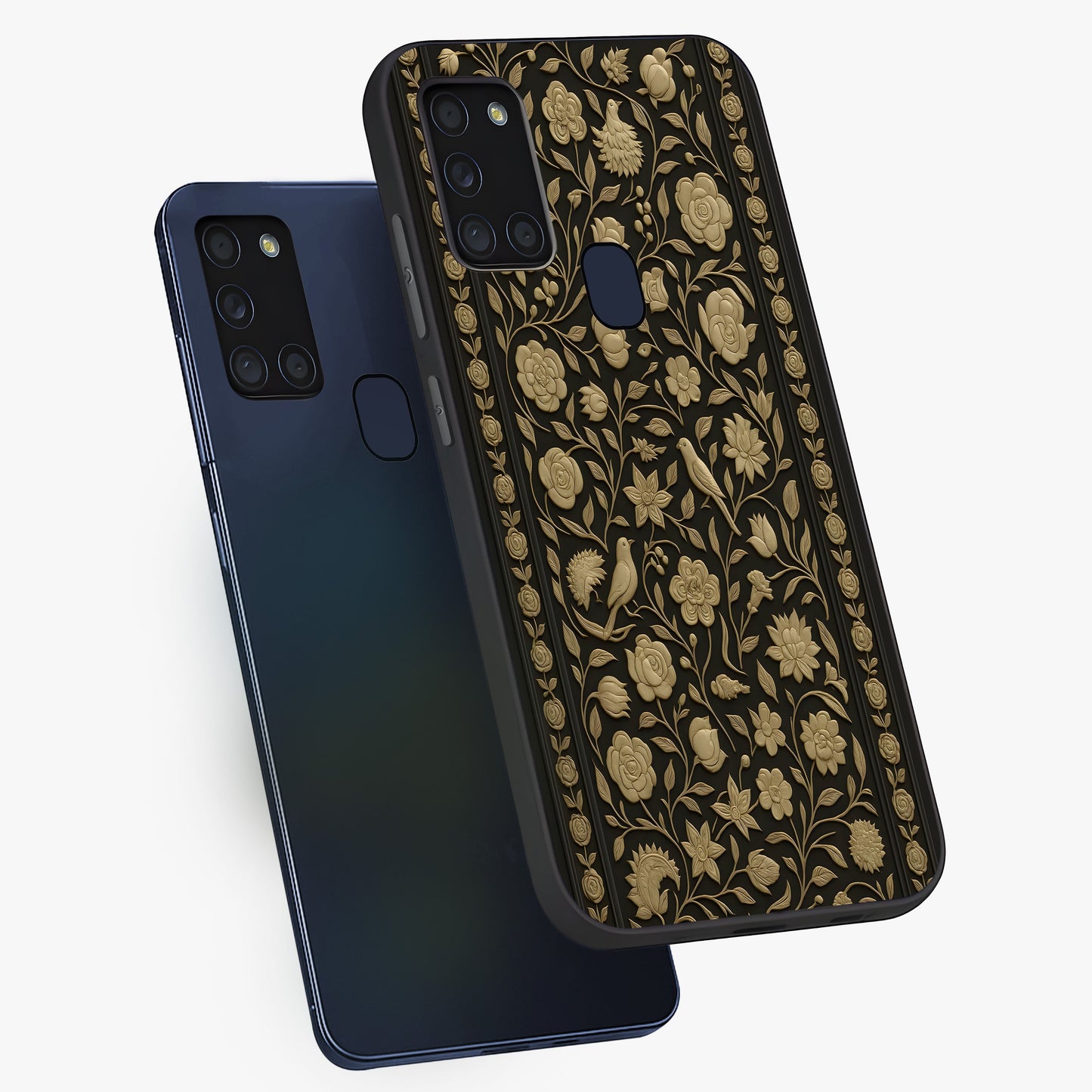 Golden Evil Eye Mandala Glass Case displayed in angled mockup highlighting protective evil eye symbol with golden mandala design.