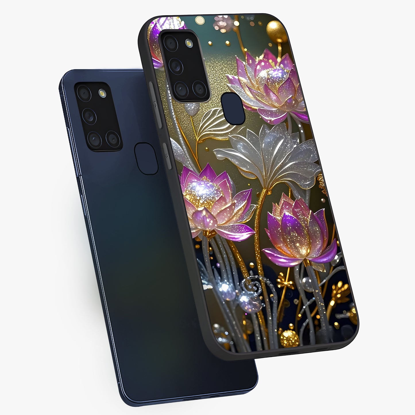 Golden Floral Majesty Glass Case displayed in angled mockup highlighting elegant flower design with royal golden aesthetic.
