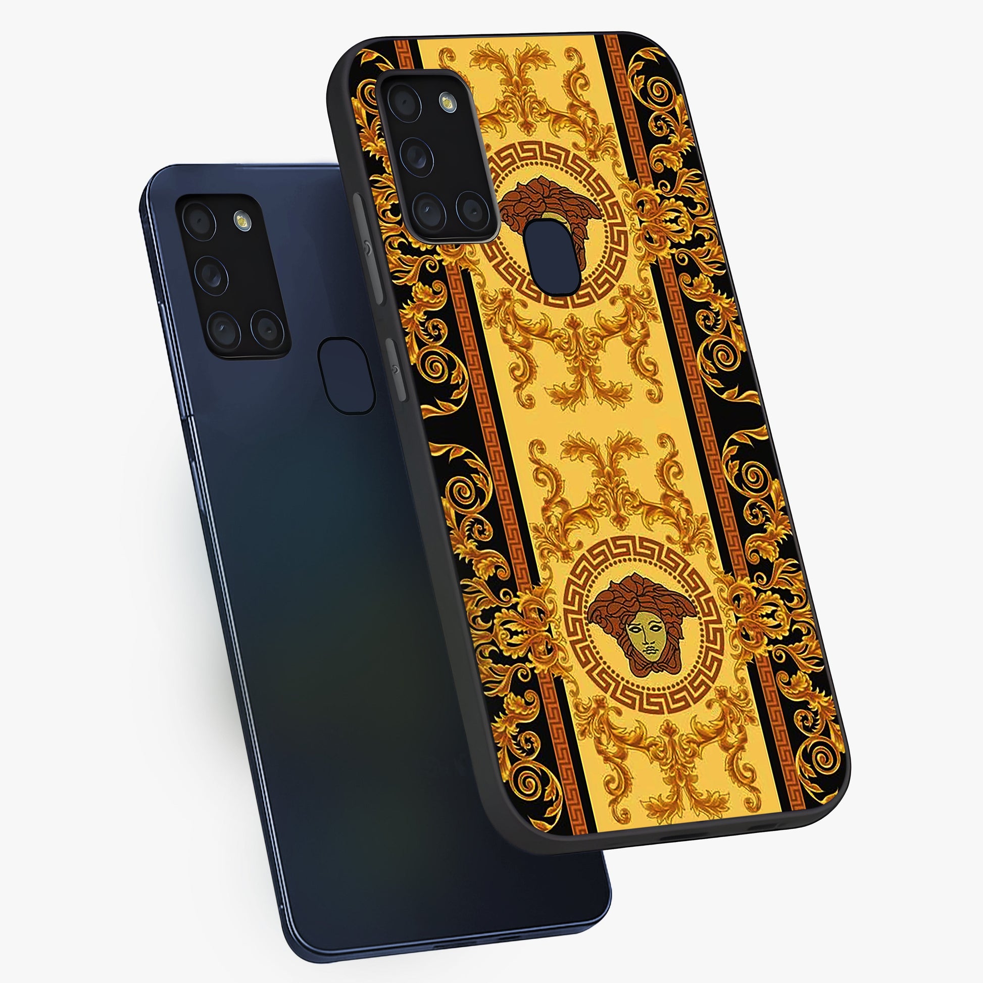 Golden Lotus Glow Glass Case displayed in angled mockup highlighting radiant lotus illustration with spiritual aesthetic.