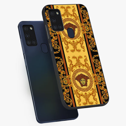 Golden Lotus Glow Glass Case displayed in angled mockup highlighting radiant lotus illustration with spiritual aesthetic.