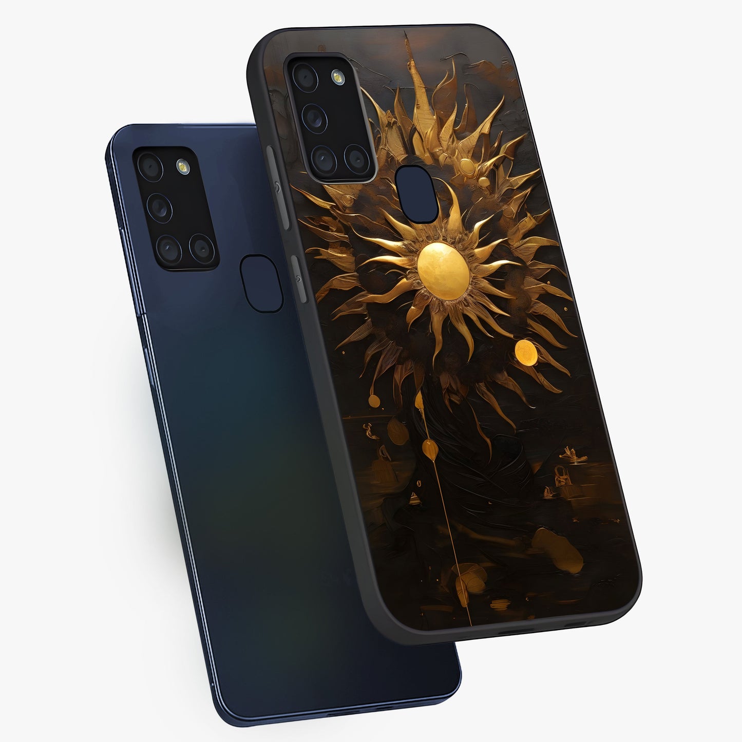 Golden Sun Majesty Glass Case displayed in angled mockup highlighting eerie shadow illustration with gothic aesthetic.