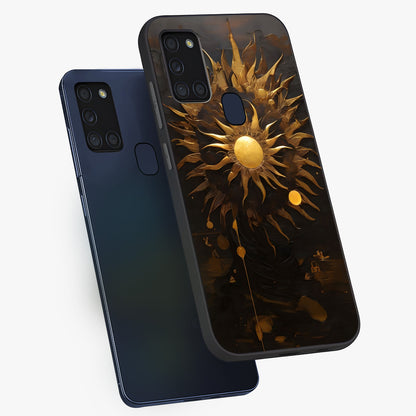 Golden Sun Majesty Glass Case displayed in angled mockup highlighting eerie shadow illustration with gothic aesthetic.