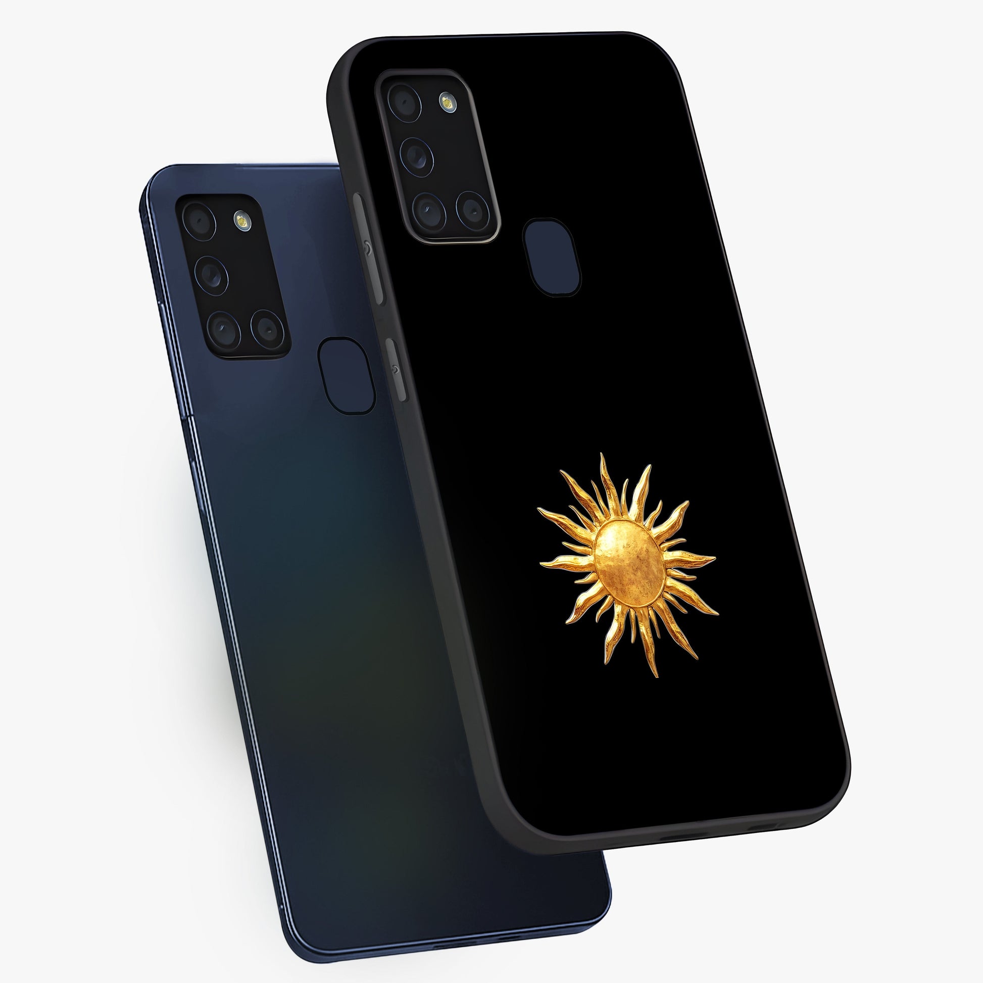 Golden Sun Minimalism Glass Case displayed in angled mockup highlighting eerie shadow illustration with gothic aesthetic.