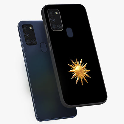 Golden Sun Minimalism Glass Case displayed in angled mockup highlighting eerie shadow illustration with gothic aesthetic.
