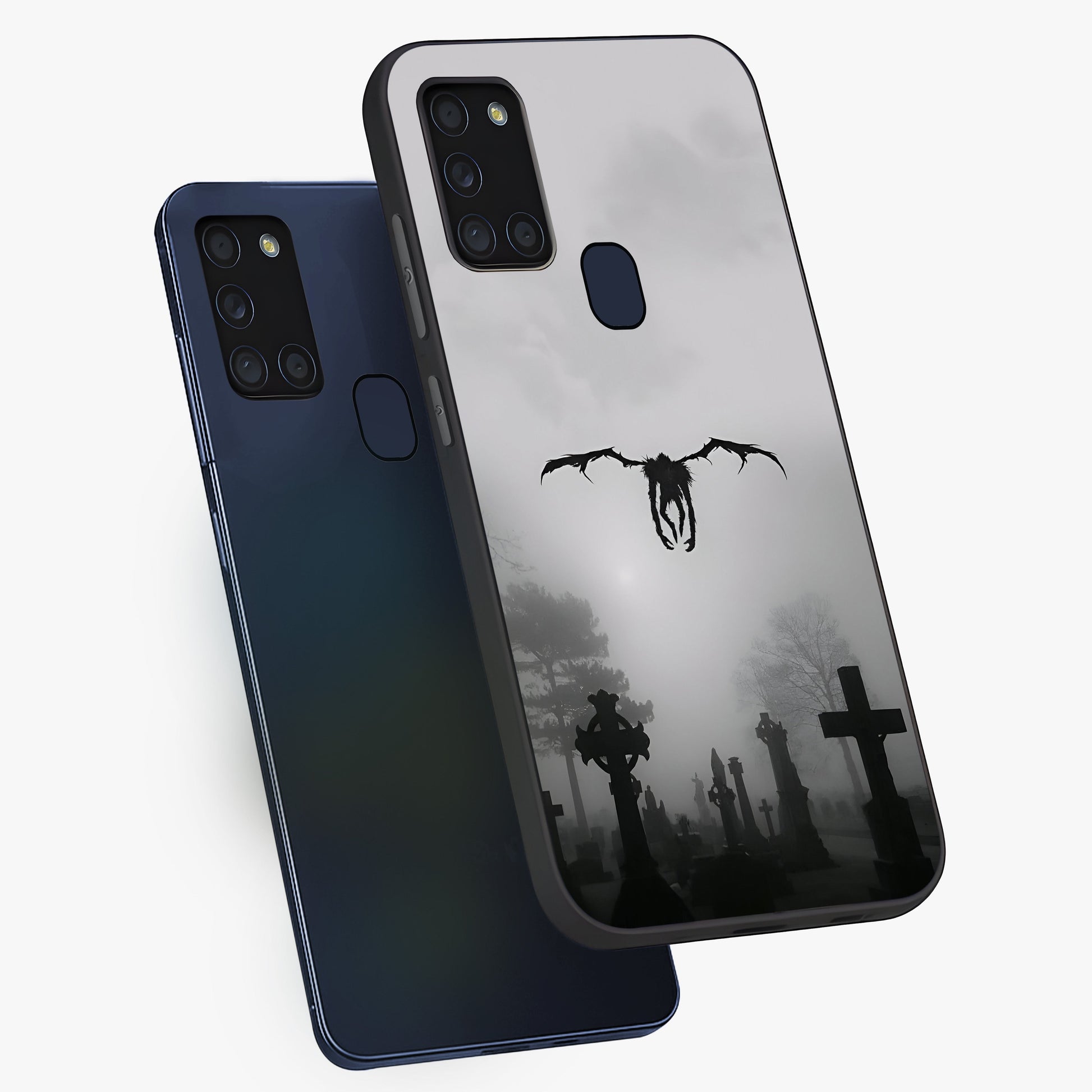 Graveyard Shadow Descent Glass Case displayed in angled mockup highlighting eerie shadow illustration with gothic aesthetic.