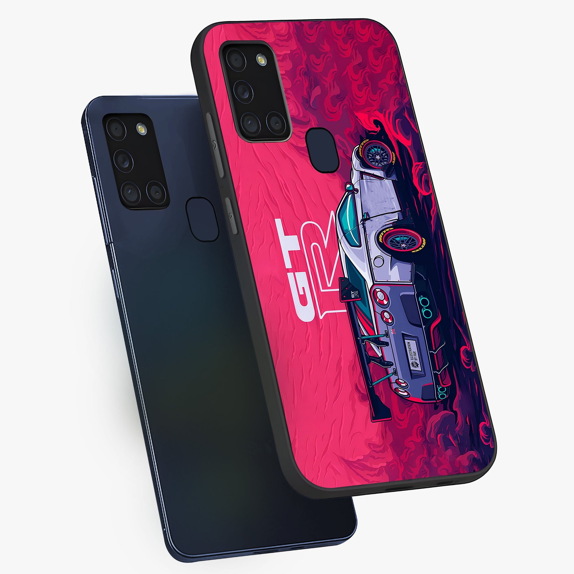 GT-R Car Pattern Glass Case displayed in angled mockup highlighting racing car graphic design with bold automotive aesthetic.