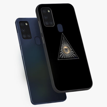 Illuminati Evil Glass Case displayed in angled mockup highlighting dark occult inspired design with bold aesthetic style.