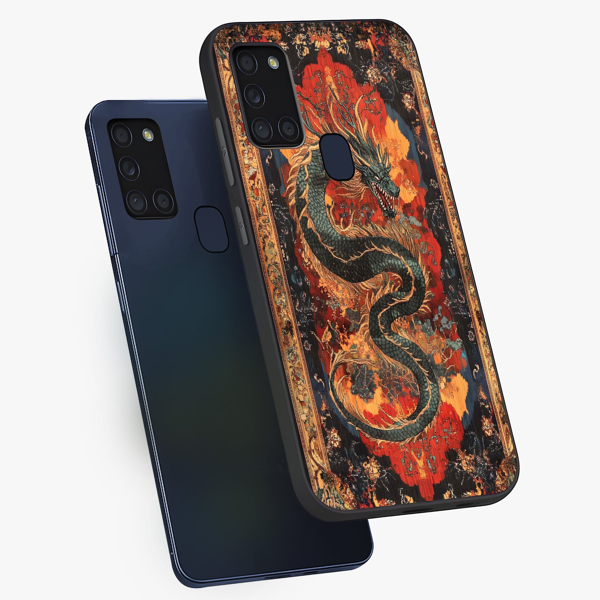 Inferno Dragon Soul Glass Case displayed in angled mockup highlighting powerful dragon illustration with inferno aesthetic.