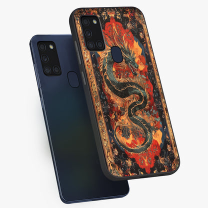 Inferno Dragon Soul Glass Case displayed in angled mockup highlighting powerful dragon illustration with inferno aesthetic.