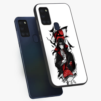Itachi Limited Edition Naruto Anime Glass Case displayed in angled mockup highlighting dramatic anime illustration with bold action aesthetic.