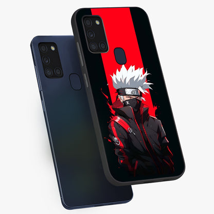 Kakashi Scarlet Shadow Glass Case displayed in angled mockup highlighting dramatic ninja illustration with scarlet themed aesthetic.