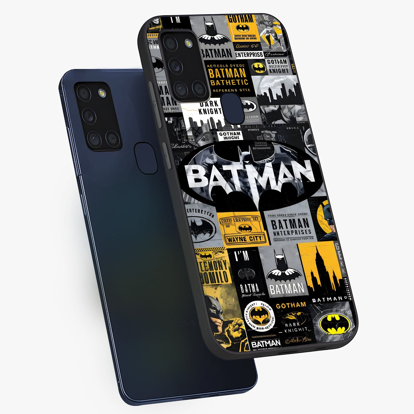 Knight Gotham Rise Glass Case displayed in angled mockup highlighting powerful knight silhouette design with dramatic aesthetic.