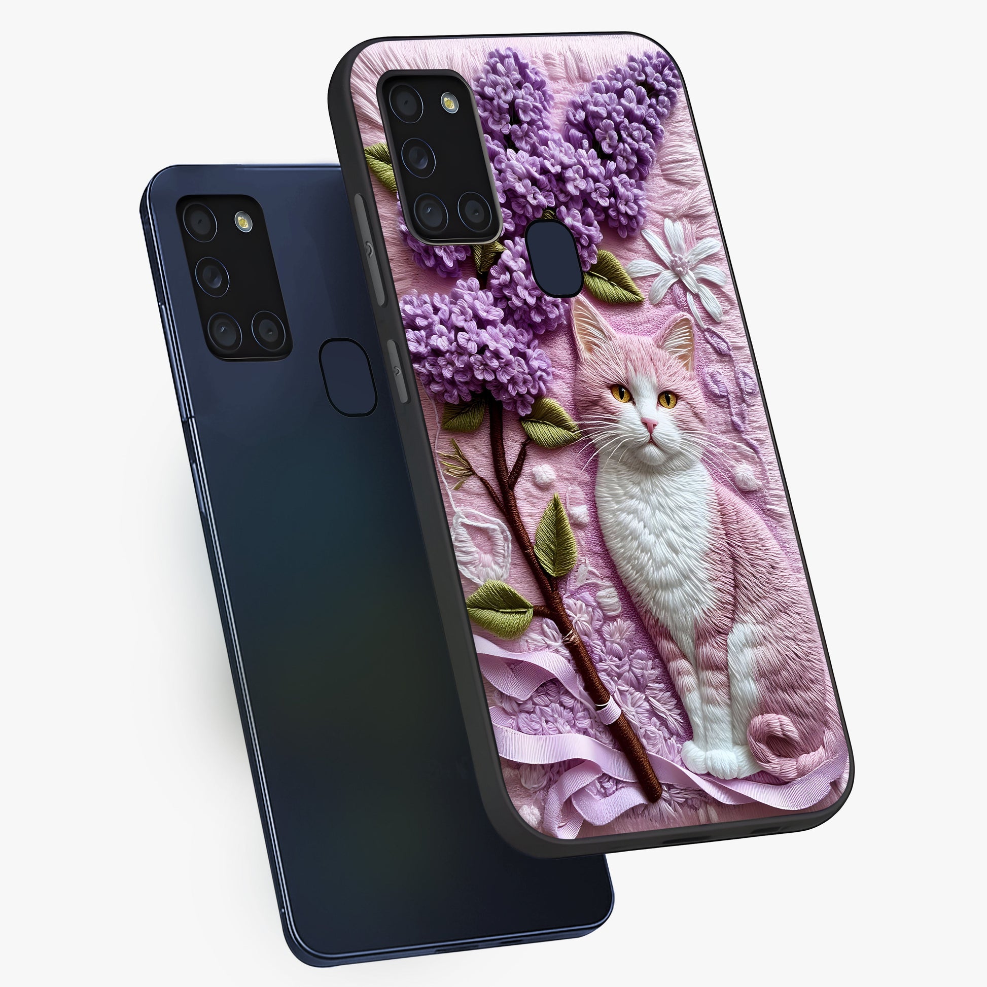 Lavender Cat Whimsy Glass Case displayed in angled mockup highlighting playful feline illustration with pastel lavender aesthetic.