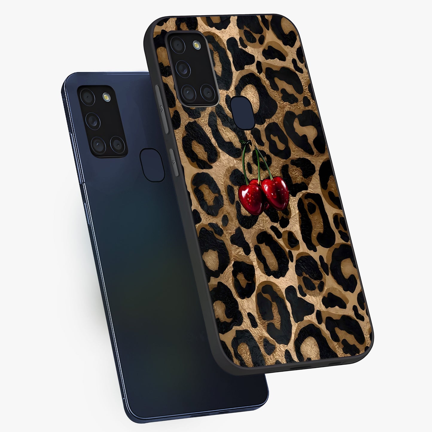 Leopard Wild Cherry Glass Case displayed in angled mockup highlighting bold animal print design with playful cherry aesthetic.