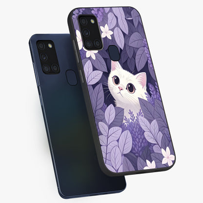 Lilac Hide Peek Cat Glass Case displayed in angled mockup highlighting playful feline illustration with lilac aesthetic design.