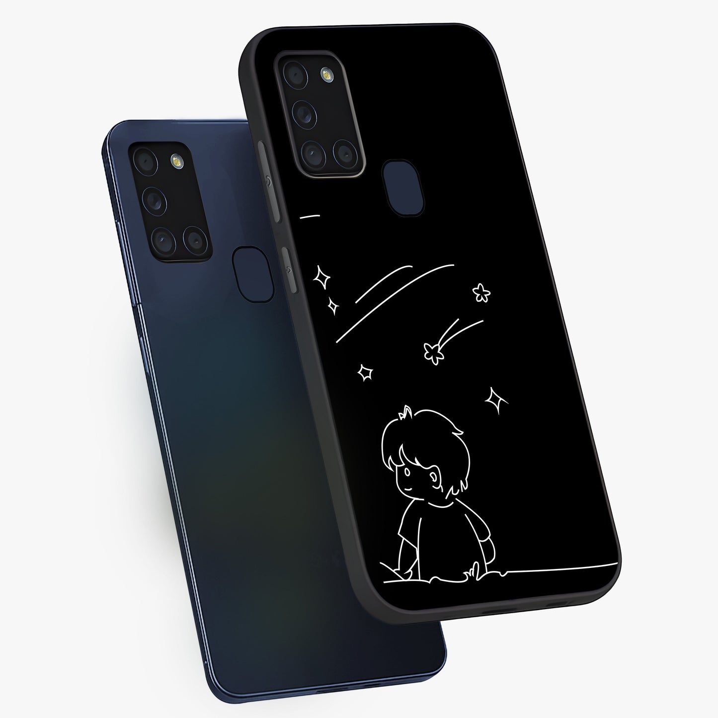 Line Art Boy With Shooting Stars Glass Case displayed in angled mockup highlighting elegant line art design with dreamy star aesthetic.