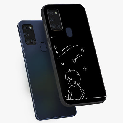 Line Art Boy With Shooting Stars Glass Case displayed in angled mockup highlighting elegant line art design with dreamy star aesthetic.