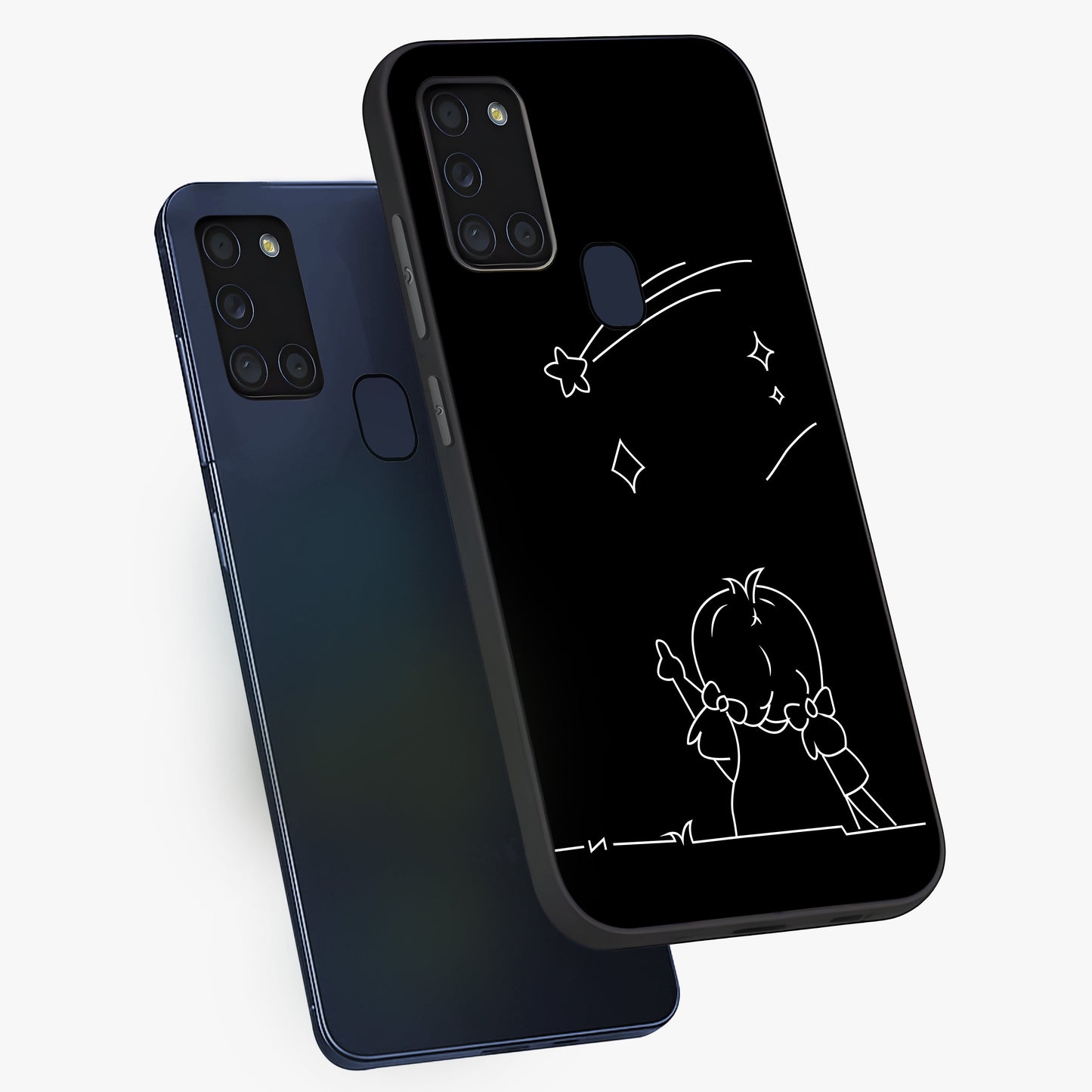 Line Art Girl With Shooting Stars Glass Case displayed in angled mockup highlighting elegant line art design with dreamy star aesthetic.