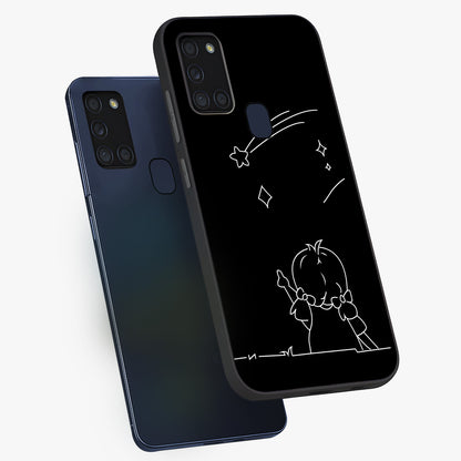 Line Art Girl With Shooting Stars Glass Case displayed in angled mockup highlighting elegant line art design with dreamy star aesthetic.