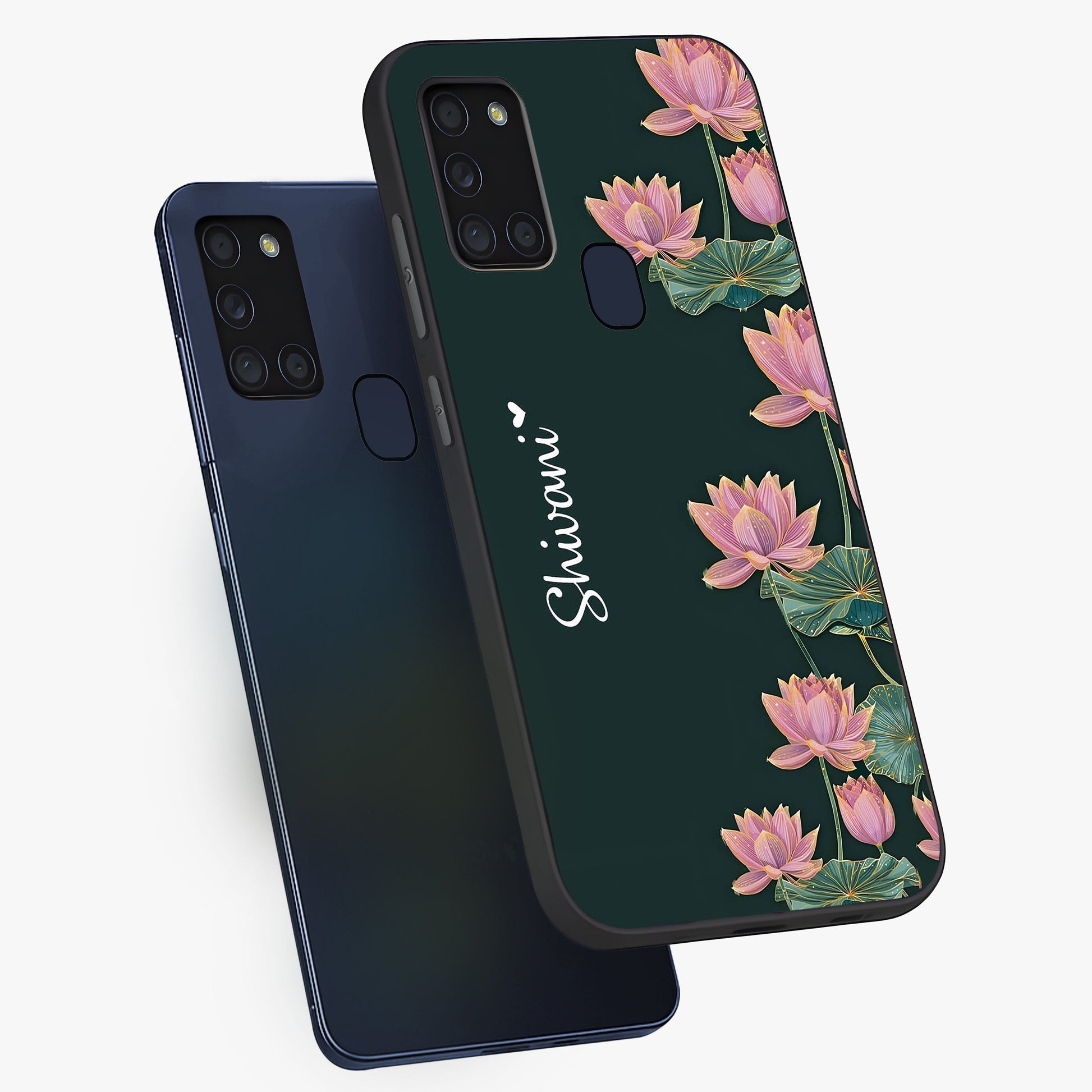 Lotus Bloom Serenity Custom Name Glass Case displayed in angled mockup highlighting graceful lotus illustration with custom name feature.