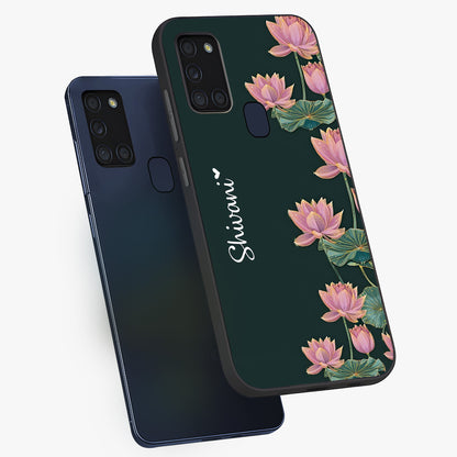 Lotus Bloom Serenity Custom Name Glass Case displayed in angled mockup highlighting graceful lotus illustration with custom name feature.