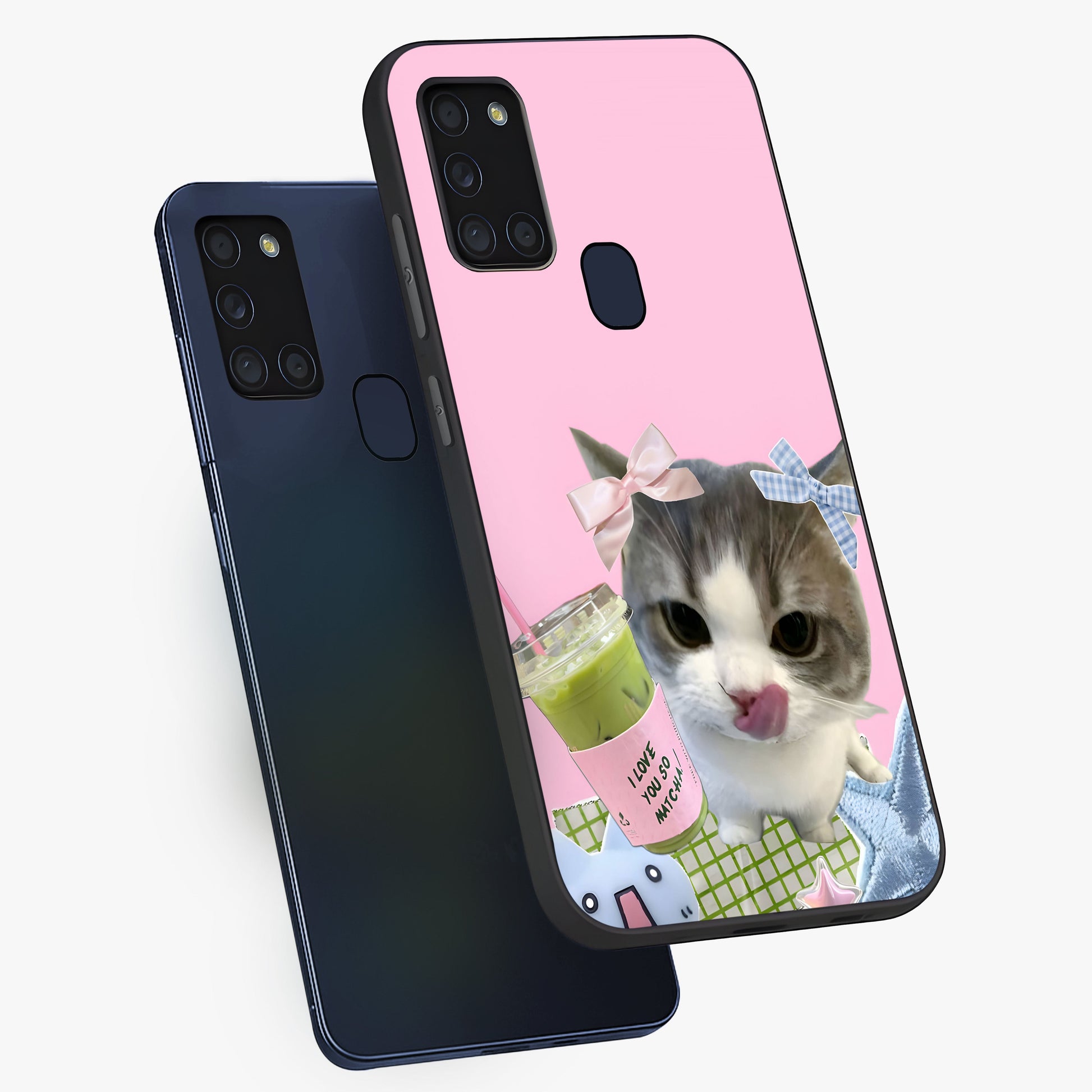 Love Matcha Cat Glass Case displayed in angled mockup highlighting playful feline illustration with cozy matcha aesthetic.