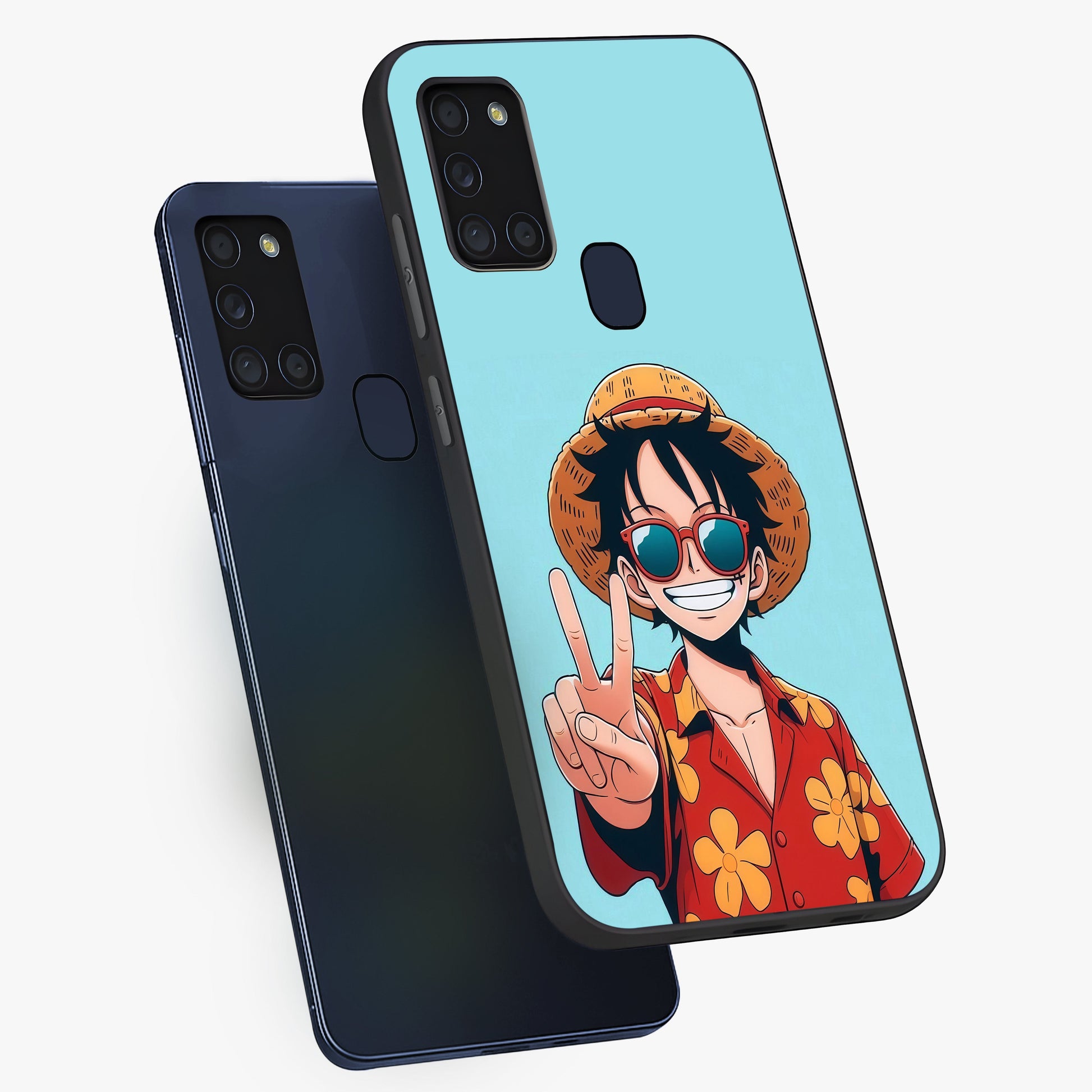 Luffy Summer Anime Vibe Glass Case displayed in angled mockup highlighting energetic anime illustration with summer vibe aesthetic.