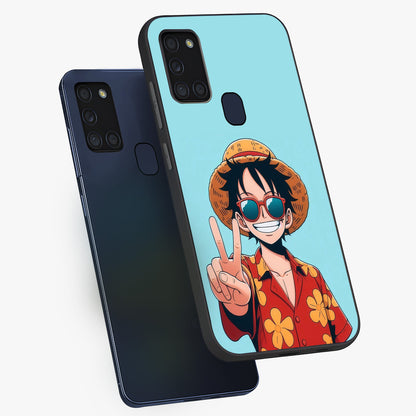 Luffy Summer Anime Vibe Glass Case displayed in angled mockup highlighting energetic anime illustration with summer vibe aesthetic.