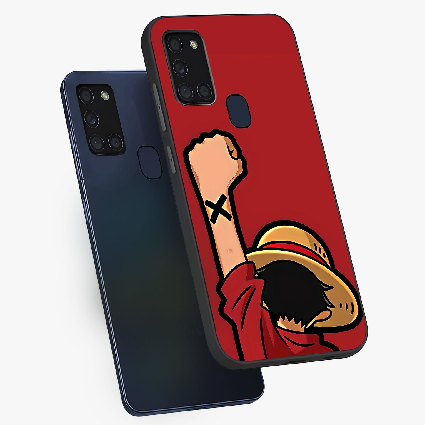 Luffy X Spirit Glass Case displayed in angled mockup highlighting powerful anime design with energetic action aesthetic.