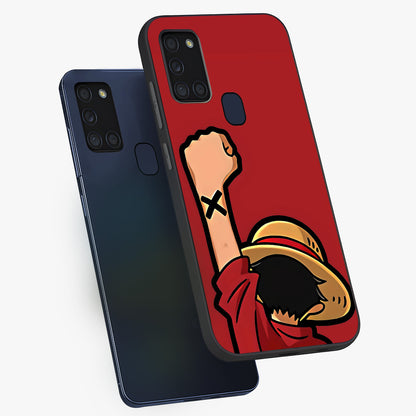 Luffy X Spirit Glass Case displayed in angled mockup highlighting powerful anime design with energetic action aesthetic.