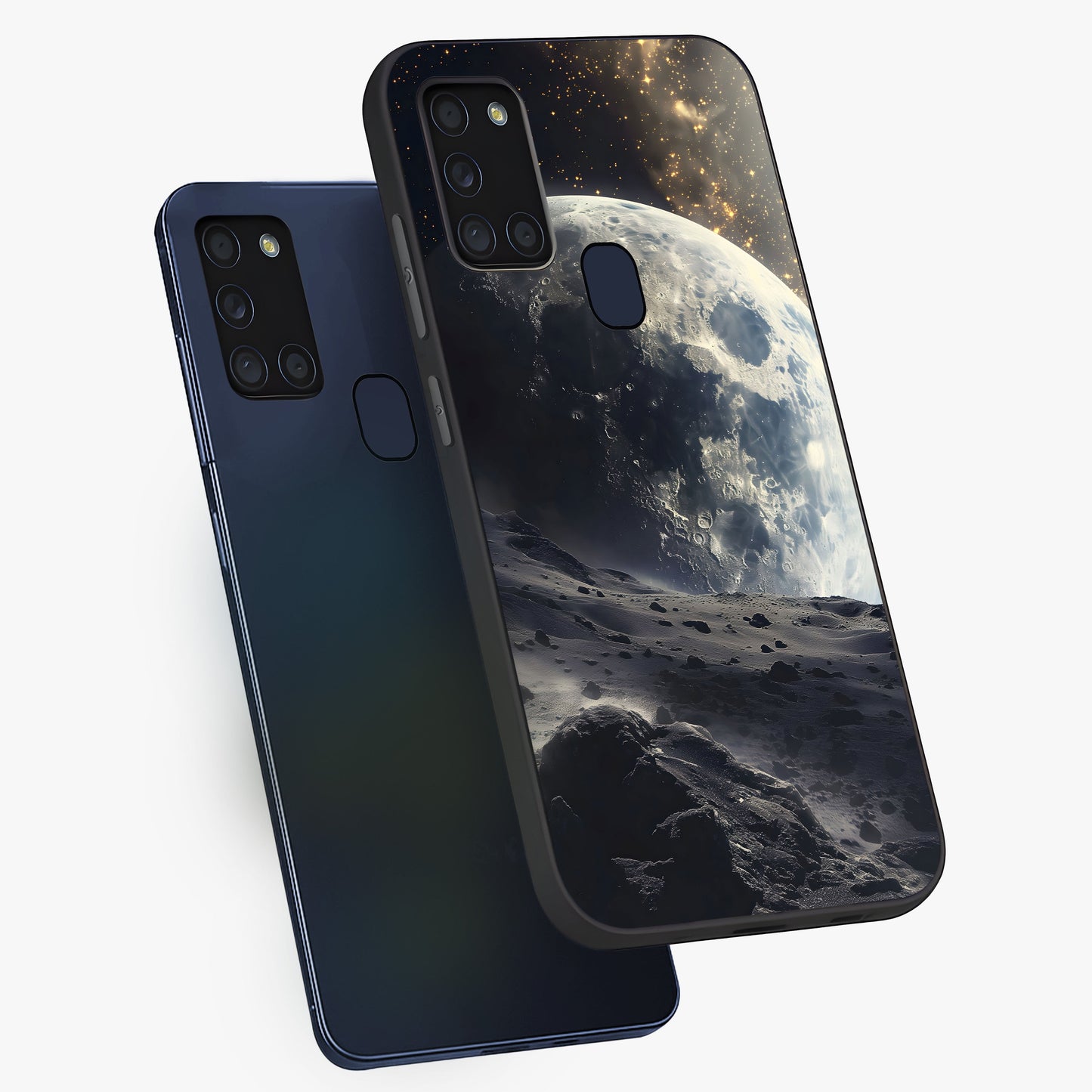 Lunar Horizon Glow Glass Case displayed in angled mockup highlighting celestial moon design with dreamy night aesthetic.