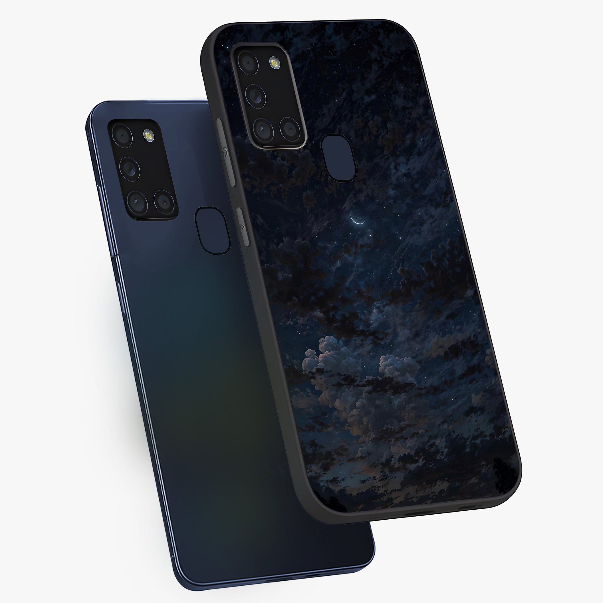 Lunar Veil Silence Glass Case displayed in angled mockup highlighting soft lunar design with peaceful celestial aesthetic.
