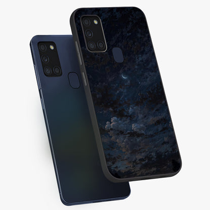 Lunar Veil Silence Glass Case displayed in angled mockup highlighting soft lunar design with peaceful celestial aesthetic.