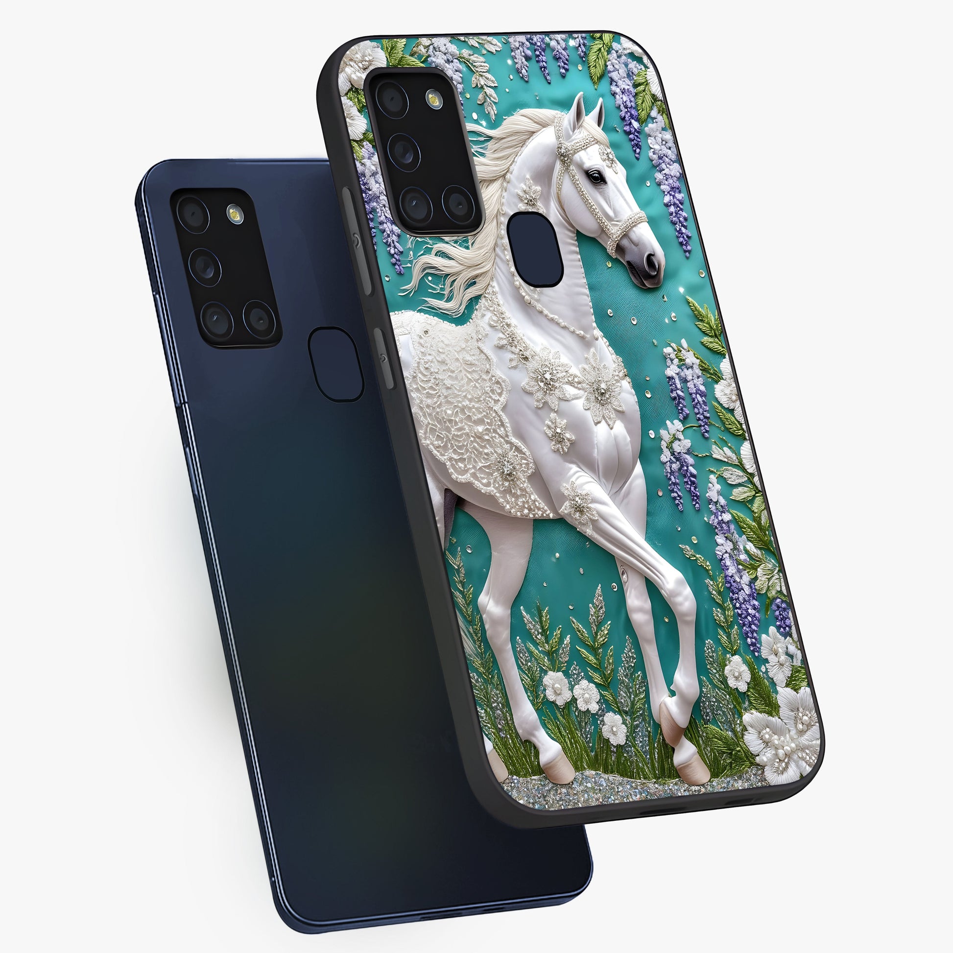 Majestic Floral Stallion Glass Case displayed in angled mockup highlighting majestic stallion illustration with elegant floral aesthetic.