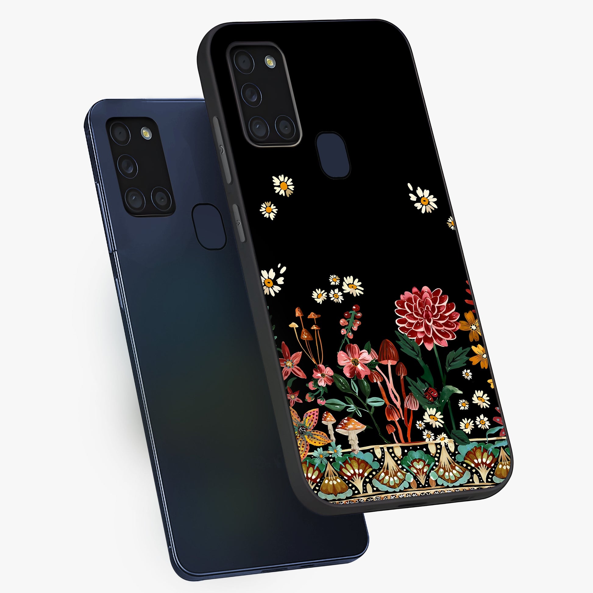 Midnight Bloom Pattern Glass Case displayed in angled mockup highlighting elegant flower design with midnight aesthetic style.