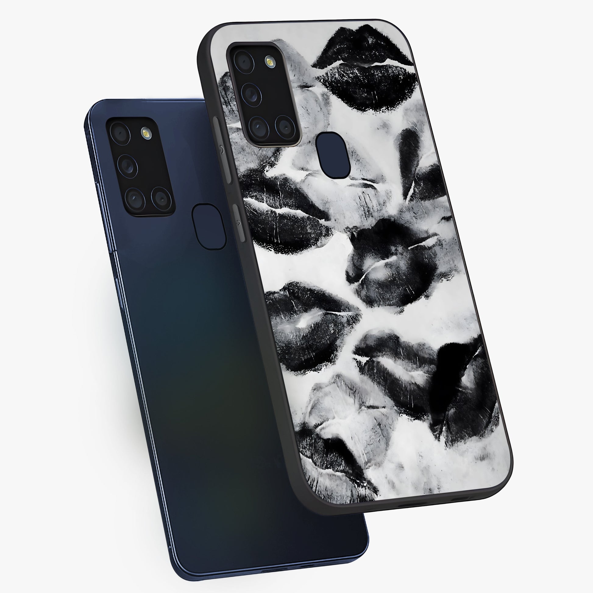 Midnight Kiss Marks Glass Case displayed in angled mockup highlighting playful romantic design with bold midnight aesthetic.
