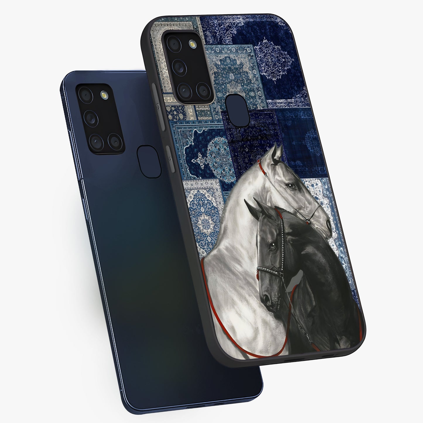 Midnight Stallion Blues Glass Case displayed in angled mockup highlighting powerful stallion illustration with deep midnight tones.