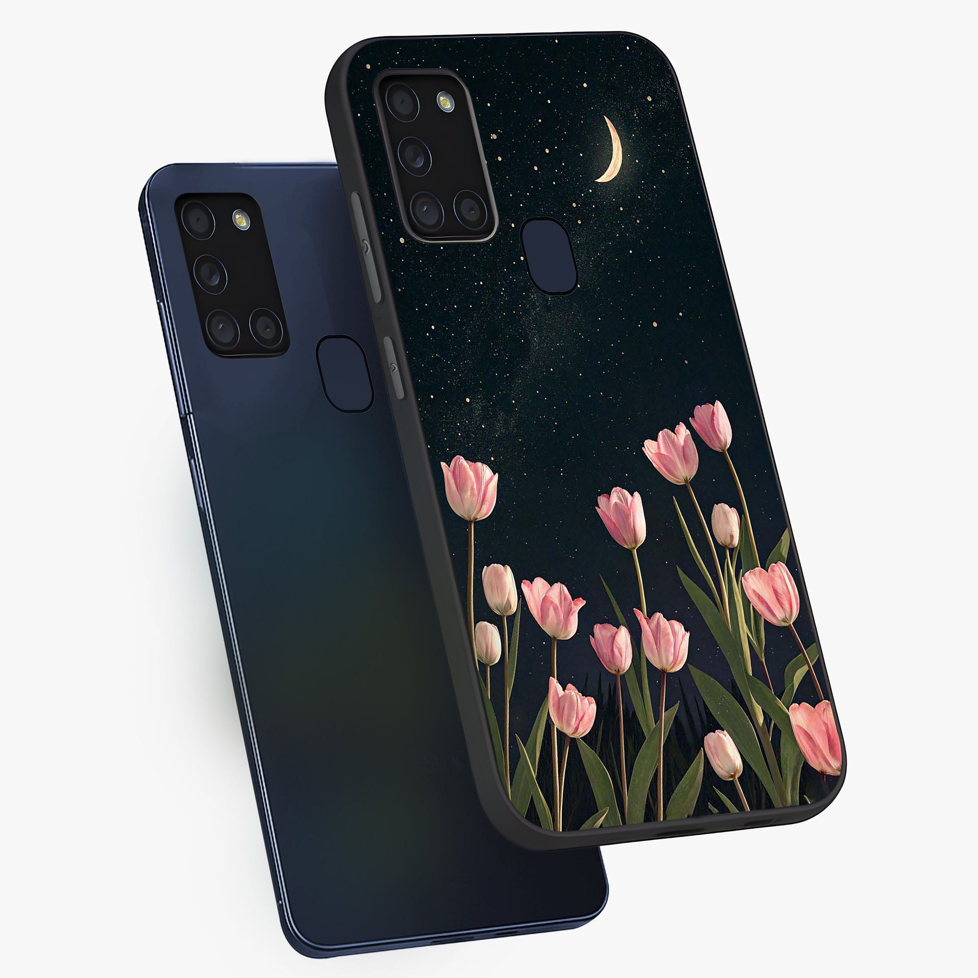 Midnight Tulip Whispers Vibe Glass Case displayed in angled mockup highlighting delicate tulip design with midnight floral aesthetic.