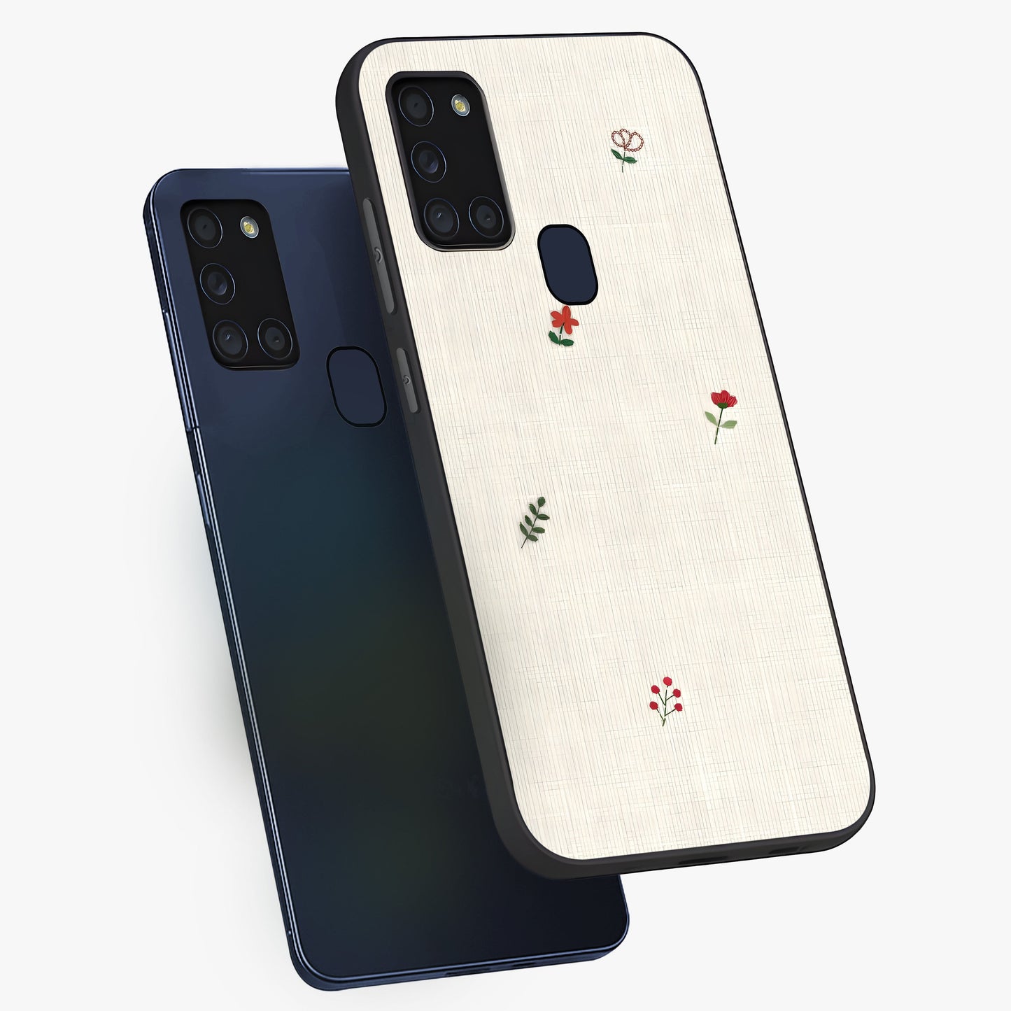 Minimalistic Blue With White Flower Pattern Glass Case displayed in angled mockup highlighting simple floral design with minimal aesthetic.