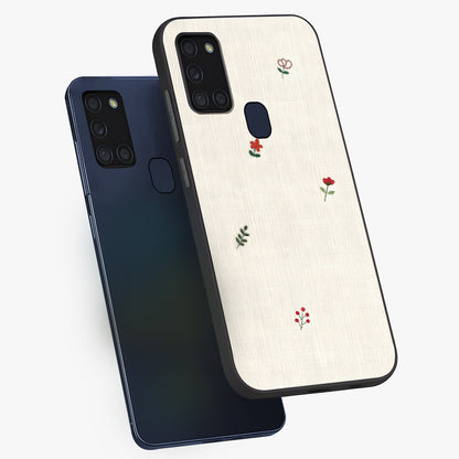 Minimalistic Blue With White Flower Pattern Glass Case displayed in angled mockup highlighting simple floral design with minimal aesthetic.