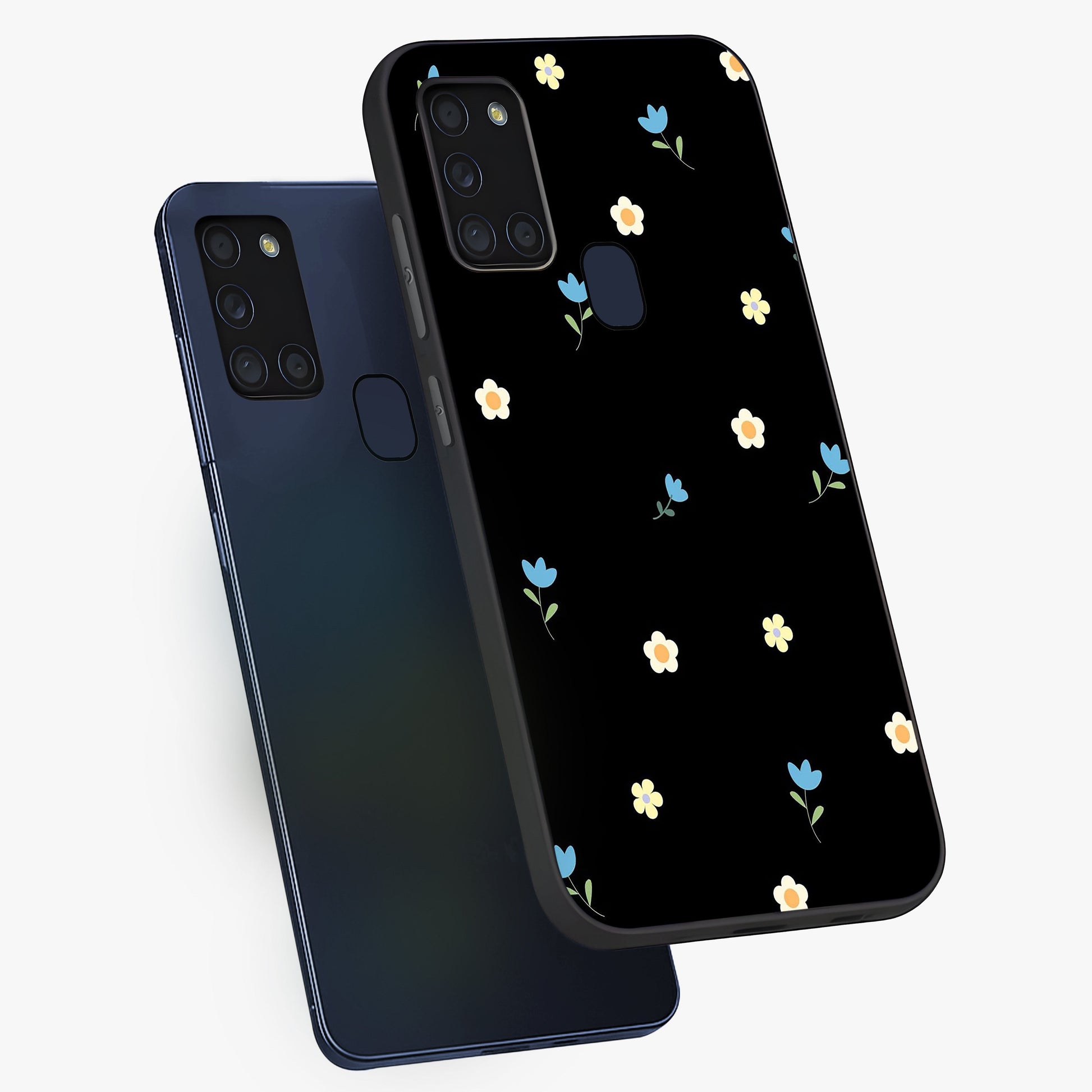 Minimal Petal Whispers Glass Case displayed in angled mockup highlighting delicate petal design with clean minimal aesthetic.